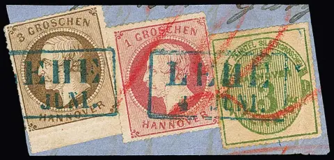 3 Pfge. groen, 1 Gr. roze en 3 Gr. okerbruin van ondermarge (rechtsboven klein schaartje) op briefstuk van buitenlandse brief met Ra2 "Lehe" en rood