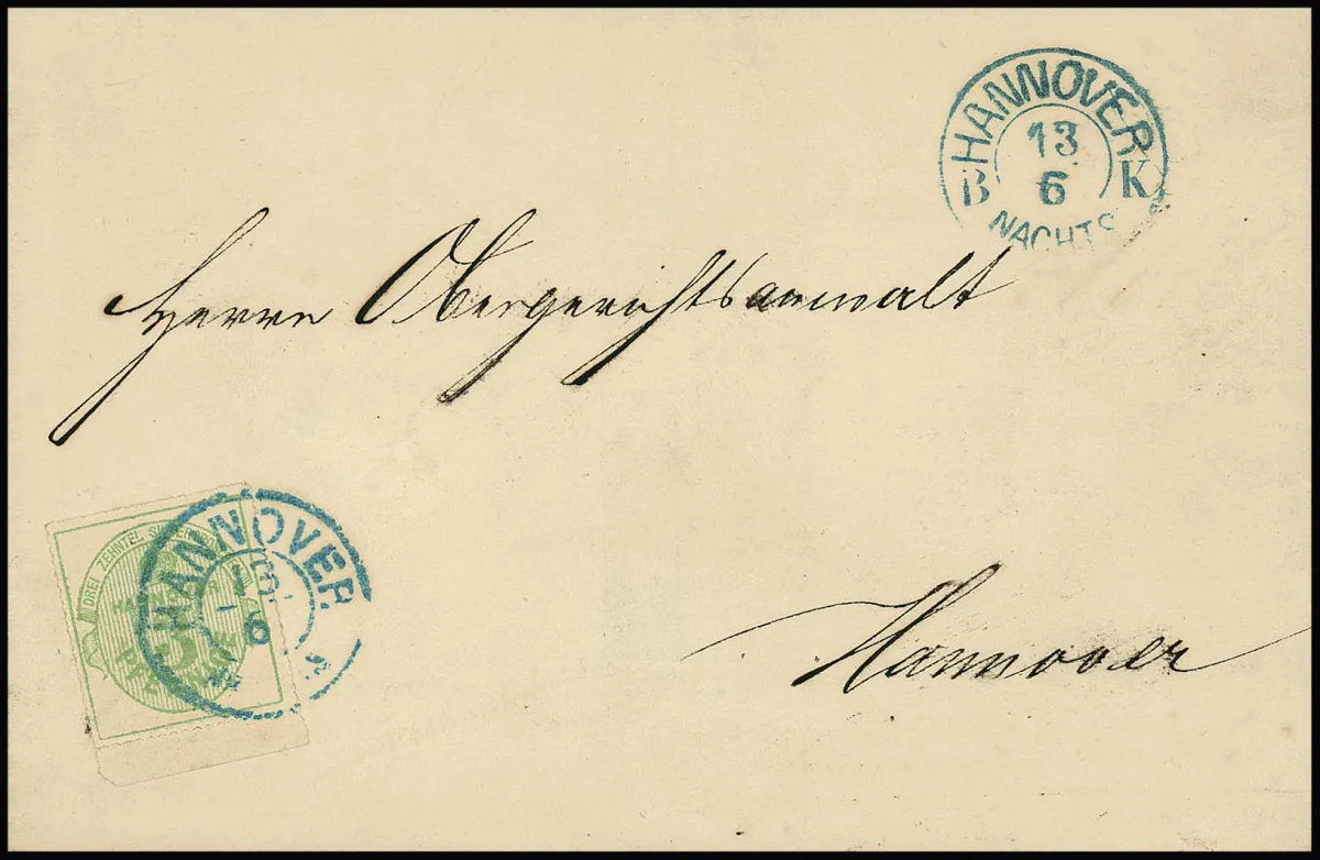 3 Pfge. vert, pièce de bord inférieur sur papier fin satiné rare, en affranchissement unique sur lettre locale de cabinet de Hanovre, le timbre oblitéré avec K2 normal, mais avec K2 secondaire "B.K. Nachts", ce qui est inhabituel. Nom du destinataire effacé, certificat Berger