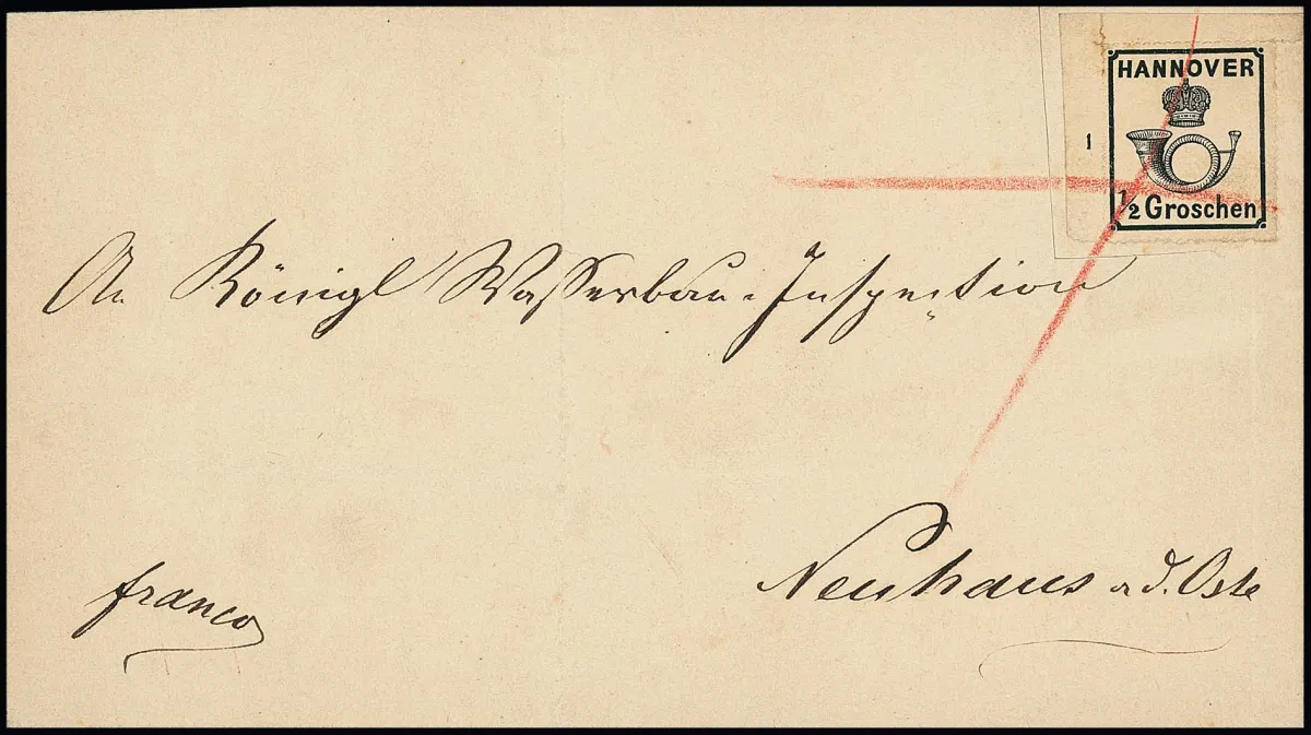 1/2 Gr. noir, gomme blanche, grand coin supérieur gauche de feuille (à droite léger pli) sur lettre rare de collection de lettres avec seulement oblitération au trait rouge (probablement de Cadenberge) pour Neuhaus a.d. Oste. Dans le papier à lettres, entaille à côté du timbre. Ex Dr. Blahak