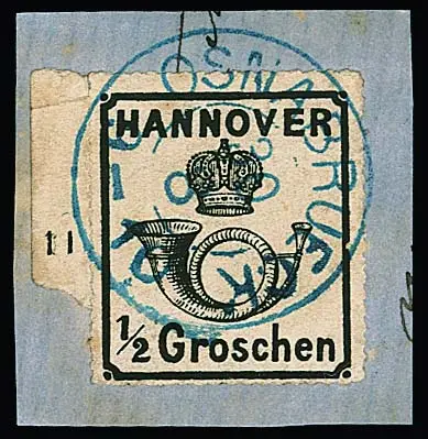 1/2 Gr. zwart, witte gom, met deel van linker velrand en rijnummer "11", op prachtbriefstuk met gecentreerde K2 "Osnabrück". Fotoexp. Jäschke-L.…