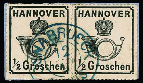 1/2 Gr. zwart, witte gom, in paar op klein kabinetbriefstuk met K2 "Osnabrück", attest Berger. Mi. 750,-
