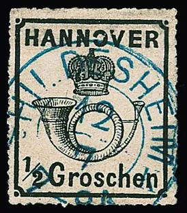 1/2 Gr. noir, gomme blanche, pièce magnifique perforée typique de l'émission avec défaut de plaque clair "O de HANNOVER ouvert à gauche", en outre avec K2 centrique "Hildesheim BK", introduit tardivement. Mi. 600,-