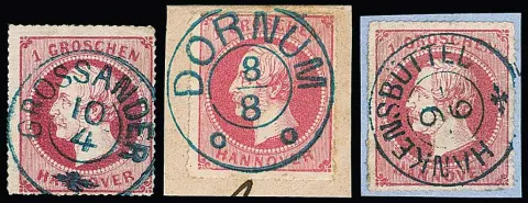 1 Gr. roze, twee mooi gestempelde briefstukken, "Dornum" (zegel dun papier) en "Hankenbüttel", evenals twee losse luxe stukken met ideale K2 "Neuhaus a.d.O." en "Grossander"