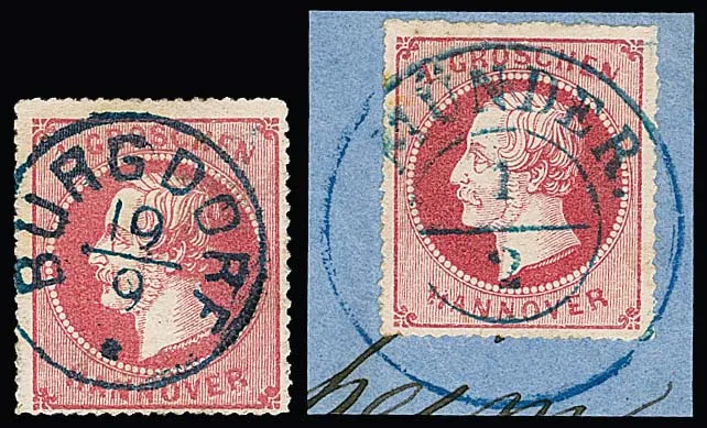 1 Gr. rosa zweimal lose (idealer K1 "Burgdorf" bzw. "Ottersberg"), sowie vier Kabinettbriefstücke, u.a. K2 "Münder" und "Basbeck"