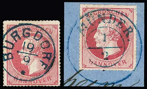 1 Gr. roze tweemaal los (ideale K1 "Burgdorf" en "Ottersberg"), evenals vier kabinet briefstukken, o.a. K2 "Münder" en "Basbeck"