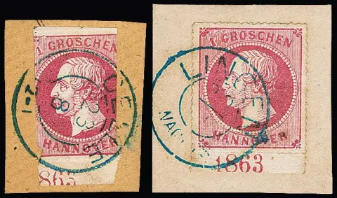 1 Gr. roze, twee briefstukken elk van de onderrand met jaartallen "1863", posities III (kabinet, foto-exp. Jäschke-L.) en IV (extreem bijgesneden als een halve, mogelijk postfraude, attest Berger)