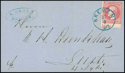 1 Gr. roze van onderrand met jaartal "1864" op prachtbrief met K1 "Bremen", foto-expertise Jäschke-L. "foutloos"