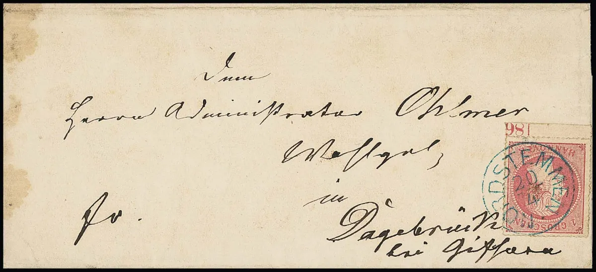 1 Gr. rosa, Pracht-Unterrandstück mit Jahreszahl "186" in seltener Stellung ("1864" lt. Kohl-Hb., S. 696) auf links fleckigem Brief mit K1 "Nordstemmen"