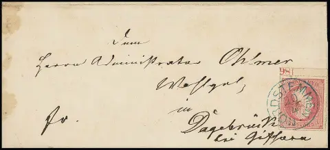 1 Gr. roze, prachtig onderrandstuk met jaartal "186" in zeldzame positie ("1864" volgens Kohl-Hb., p. 696) op links bevlekte brief met K1 "Nordstemmen"