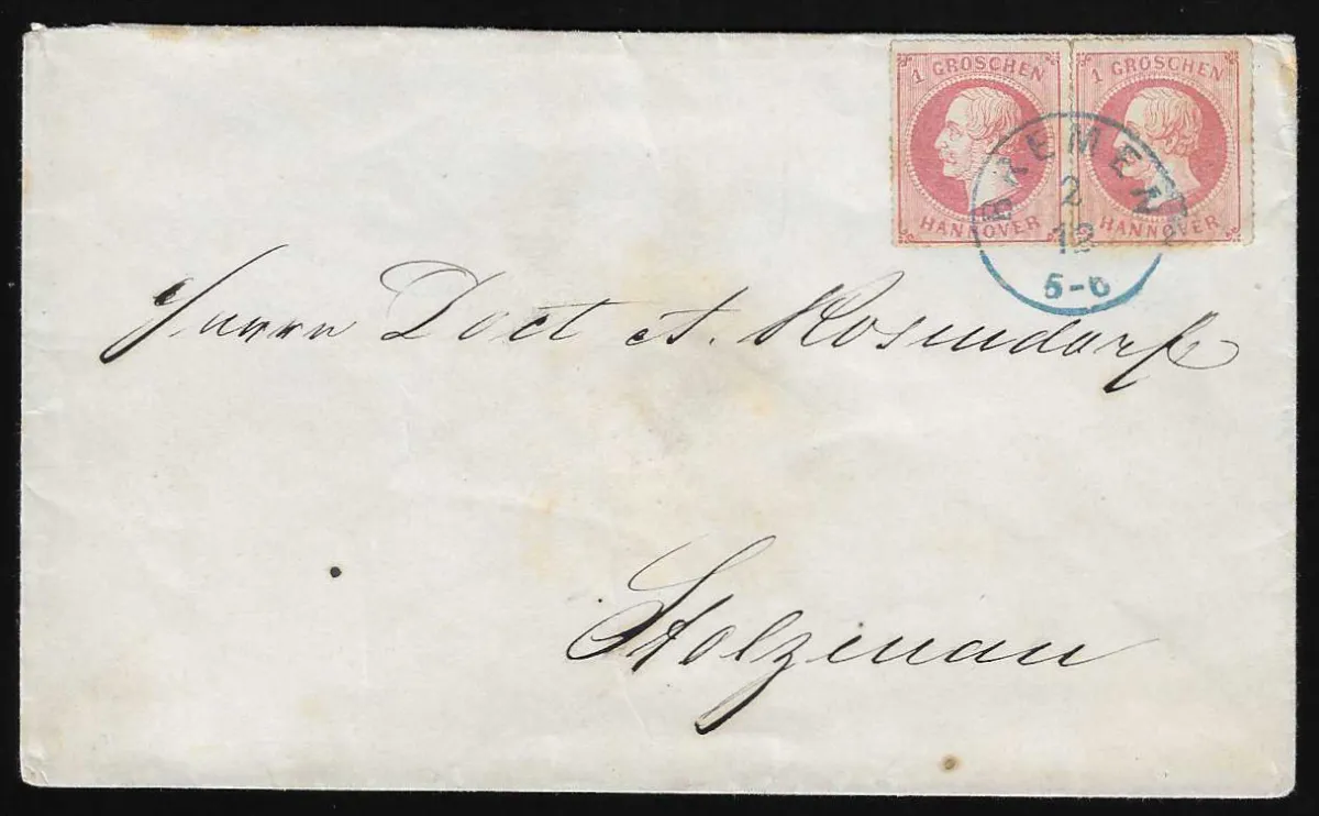 1 Gr. rosa im Paar (min. Tönung) auf Prachtcouvert mit K1 "Bremen"
