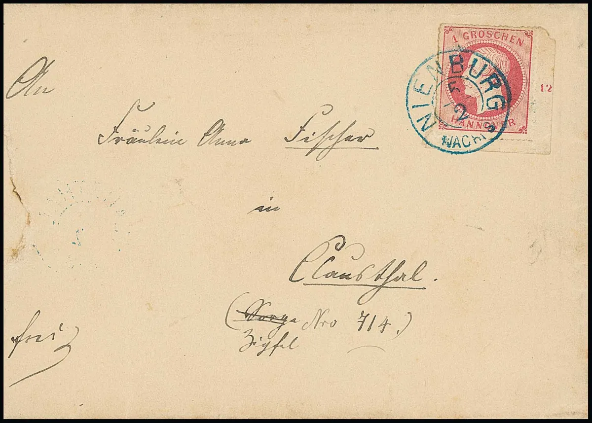 1 Gr. rosa, rechte untere Kabinett-Bogenecke mit Rz. "12" auf Brief (dieser am Rand kleiner Papierfehler) mit K2 "Nienburg", dazu linkes Randstück ("4") auf…