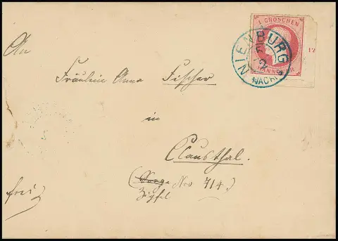 1 Gr. roze, rechteronder velhoek cabinet met Rz. "12" op brief (deze met klein papierfoutje aan rand) met K2 "Nienburg", plus linker randstuk ("4") op brief