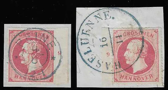 1 Gr. rosa jeweils vom Bogenrand links und rechts, beide mit Reihenzahl "9", aber in untersch. Positionen, auf zwei Kabinettbriefstücken, mit K2 "Haseluenne"…