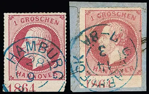 1 Gr. roze, twee gestempelde onderrandstukken elk met jaartal "1864" (positie I)