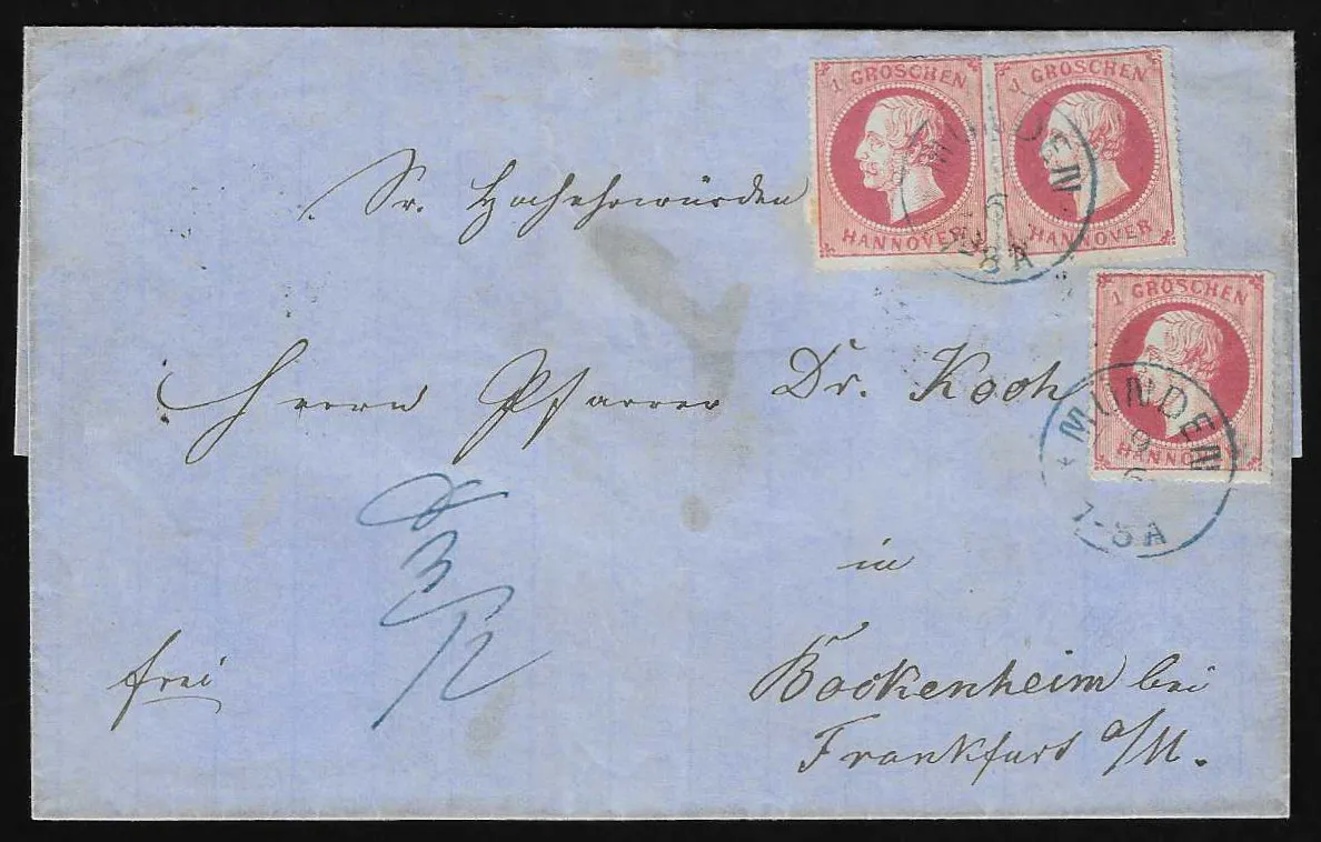 1 Gr. rosa per drei auf Prachtbrief mit K2 "Münden" nach Bockenheim, eine Marke mit deutlichem Plattenfehler "weißer Fleck an S von GROSCHEN"