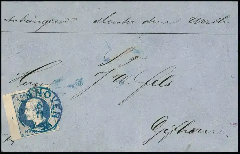 2 Gr. blauw, linker marge met rijnummer "2" (lichte schuine kreuk) op interessante brief "Muster ohne Werth" van Hannover naar Gifhorn, gesigneerd Köhler