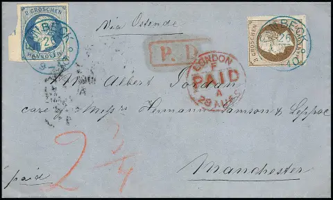 2 Gr. blauw met deel van linker velmarge en 3 Gr. bruin op kabinetbrief met K2 "Emden" 1865 naar Manchester/Engeland