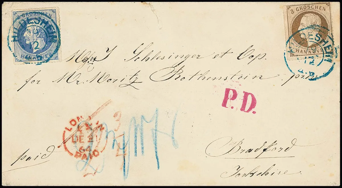 2 Gr. modrá a 3 Gr. hnědá, nádherné kusy s K2 "Hildesheim" na zahraniční obálce (stopy, mj. trhlina nahoře uprostřed) 1864 do Bradford/Anglie
