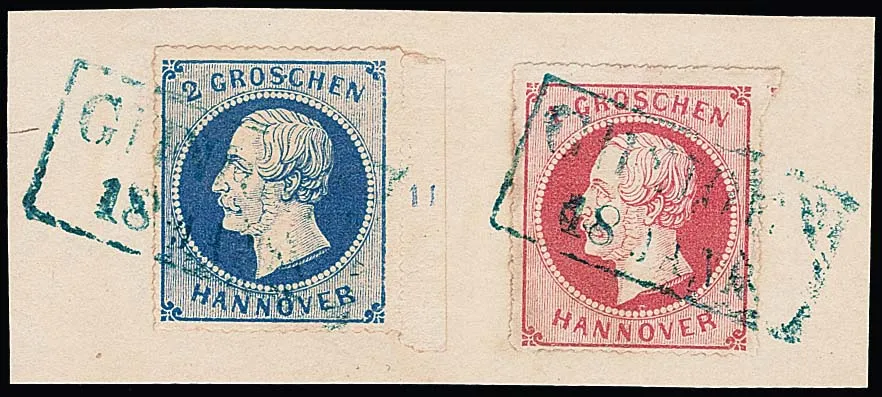 2 Gr. bleu, une fois bleu mat sur papier fin, sept bords avec numéros de rangée oblitérés, une fois avec 1 Gr. rose sur fragment de lettre