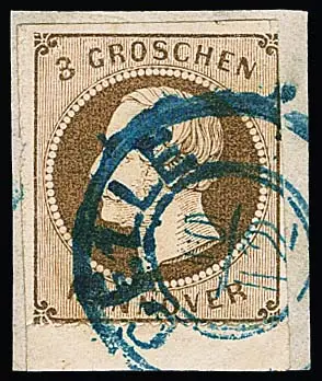 3 Gr. bruin, zeldzame lichtroze gomming, van onderrand, deels schaarafscheiding, op briefstuk met K2 "Celle", certificaat Berger. Mi. 1500,-