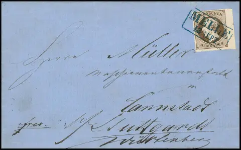 3 Gr. bruin, kabinetstuk van rechter velrand (Rz. "2") op blauwe brief met Ra2 "Melle" naar Stuttgart