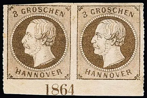 3 Gr. lichtbruin, zeldzaam ongebruikt paar van onderrand met volledig jaartal "1864", schaarafscheiding onderaan onvermijdelijk door extreem verschoven tanding, gesigneerd Berger