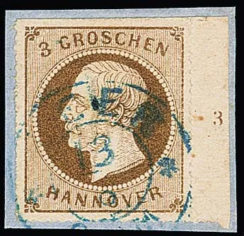 3 Gr. brun clair avec perforation presque complète, à droite bord de feuille et numéro de rangée "3", sur fragment de lettre avec rare défaut de plaque de tirage partiel du champ 30, "rayure blanche sur HANNOVER"