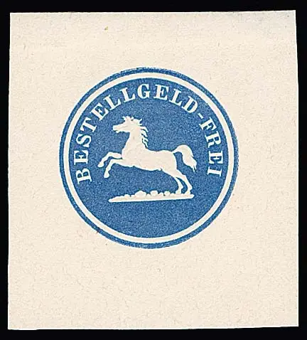 "Bestellgeld - Frei" met springend paard, officiële herdruk van de heelding-waardestempel in blauw op ongumd wit papier, foto exp. Lechte (Lechte nr.…