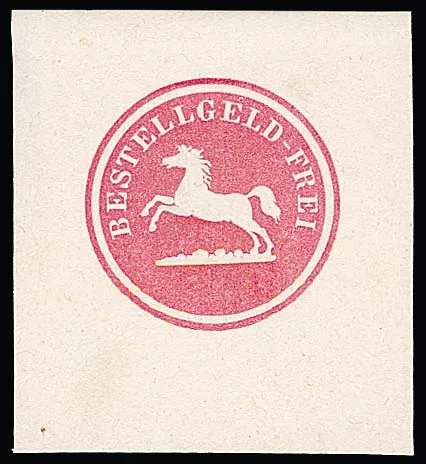 "Bestellgeld - Frei" avec cheval sautant, réimpression officielle du timbre-poste entier en rose sur papier blanc non gommé, photoexp. Lechte (Lechte n°…