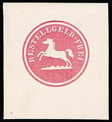 "Bestellgeld - Frei" met springend paard, officiële herdruk van de heelding-waardestempel in roze op ongumd wit papier, foto exp. Lechte (Lechte nr.…