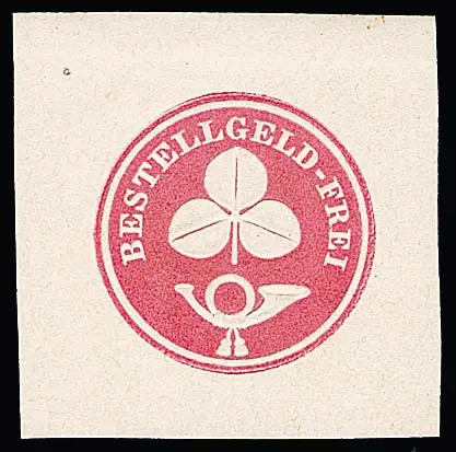 "Bestellgeld - Frei" met klaver over posthoorn, officiële herdruk van de heelding-waardestempel in roze op ongumd wit papier, foto exp. Lechte (Lechte…