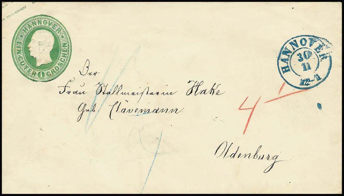 Entier postal 1 Ggr. vert, superbe enveloppe avec K2 "Hannover" pour Oldenburg, usage irrégulier de l'enveloppe intérieure (au dos K1 "B.K.4"), diverses taxes