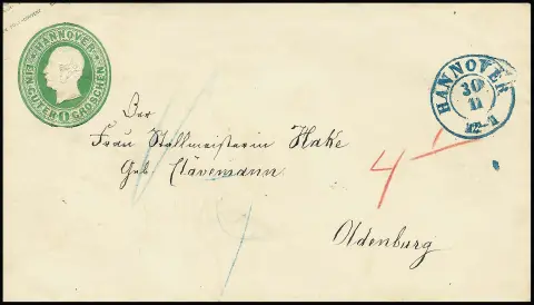 Postwaardestuk 1 Ggr. groen, prachtige envelop met K2 "Hannover" naar Oldenburg, onregelmatig gebruik van de binnenlandse envelop (achterzijde K1 "B.K.4"), diverse taxen