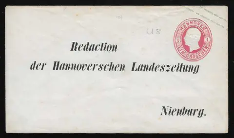 Postwaardestuk 1 Gr. roze ongebruikt (achterzijde lichte patina) met zeldzame particuliere opdruk "Redaction der Hannoverschen Landeszeitung Nienburg"