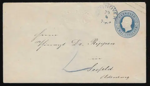 Postwaardestuk 2 Gr. blauw van Hannover (K2) ondergefrankeerd naar Seefeld in Oldenburg met natax "2"