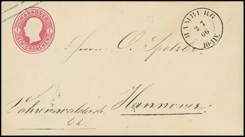 Postwaardestuk 1 Gr. roze (min. openingsmogelijkheid) met zeldzame afstempeling door Pruisische K2 "Hamburg" d.d. 2.7.1866 naar Hannover