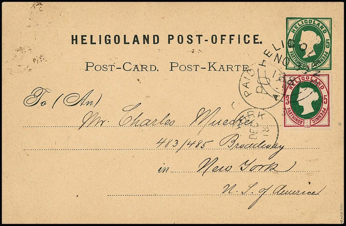 5 Pfg. als bijfrankering op postwaardestuk 5 Pfg. groen met duidelijke stempel "Heligoland 30/11 81" als 10 Pfg.-briefkaart volgens tarief gefrankeerd naar New York…