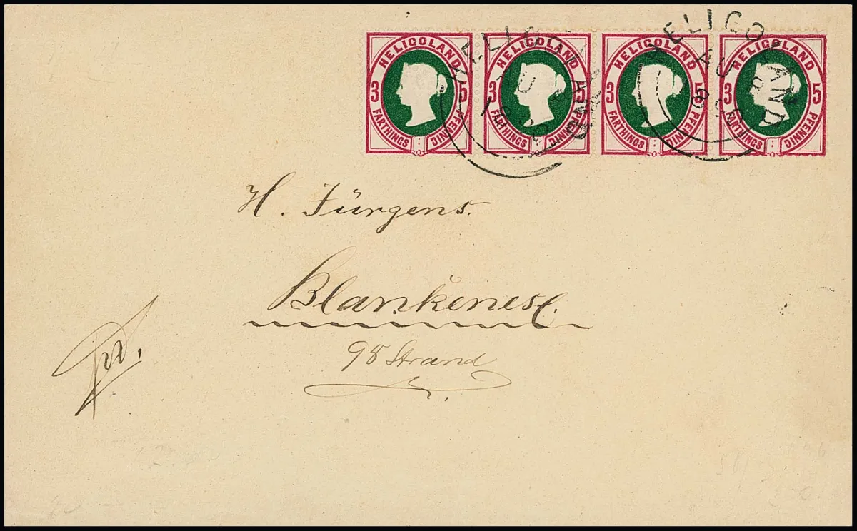 5 Pfg., 3e uitgifte, in strook van vier (rechter waarde korte tand) op envelop van Helgoland naar Blankenese 1890, foto-expertise Heitmann