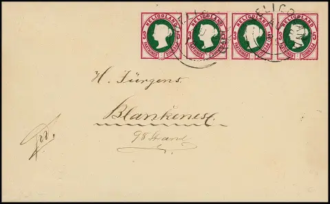 5 Pfg., 3e uitgifte, in strook van vier (rechter waarde korte tand) op envelop van Helgoland naar Blankenese 1890, foto-expertise Heitmann