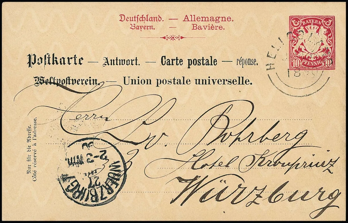 Beierse antwoordkaart postwaardestuk 10 Pfg. karmijn in echt gebruik met stempel "Heligoland 26/6 1890" teruggezonden naar Würzburg met aankomststempel.…