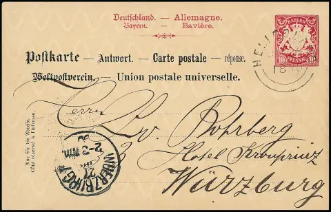 Beierse antwoordkaart postwaardestuk 10 Pfg. karmijn in echt gebruik met stempel "Heligoland 26/6 1890" teruggezonden naar Würzburg met aankomststempel.…