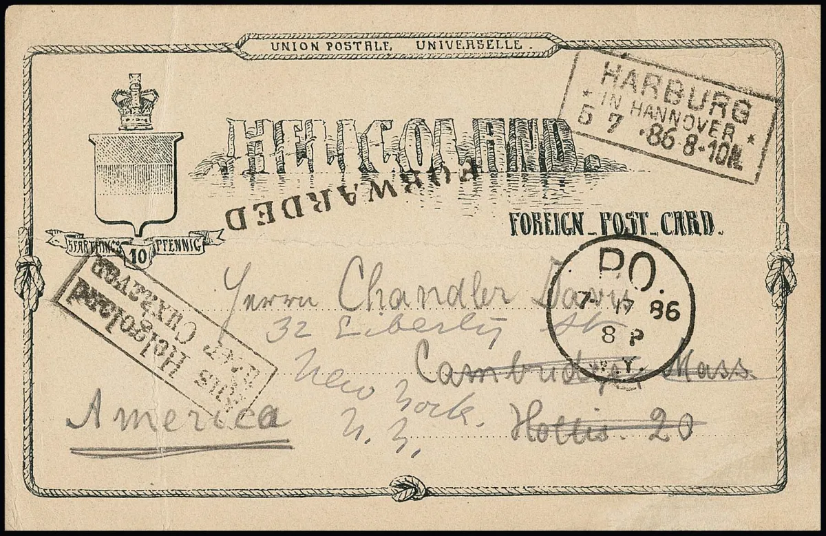 1886, defect postwaardestuk 10 Pfg., geschreven in Helgoland, met Ra2 "Aus Helgoland über Cuxhaven", evenals Ra3 "Harburg in Hannover" en L1…