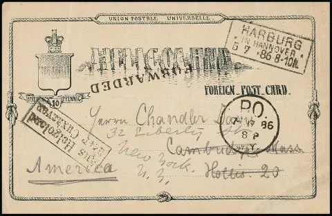 1886, defect postwaardestuk 10 Pfg., geschreven in Helgoland, met Ra2 "Aus Helgoland über Cuxhaven", evenals Ra3 "Harburg in Hannover" en L1…