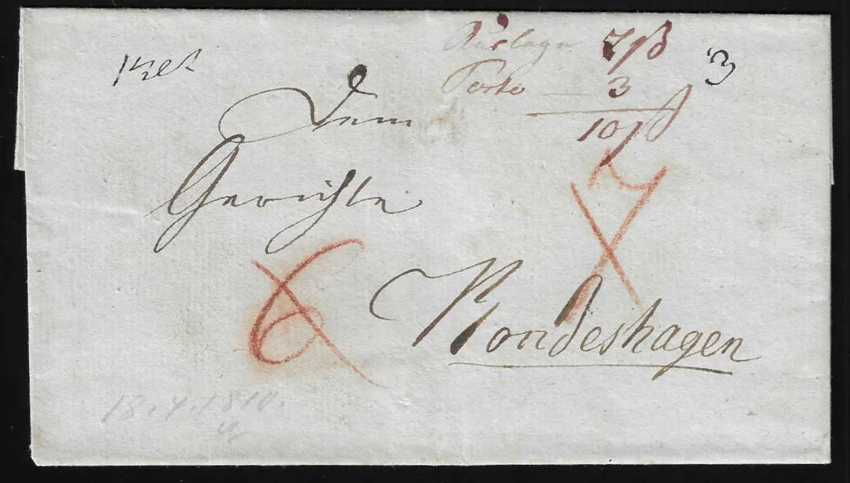 "Lubec B.I.d.F.", (1810), L1 in afwijkend type, vaag op achterzijde van portbrief naar Rondeshagen