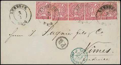 "Luebeck", K2 van het stadspostkantoor van 2.1.1868 (!) op couvert met NDP 1 Gr. per vijf (een vierstrook) naar Nîmes/Frankrijk. Zeldzame buitenlandse frankering…