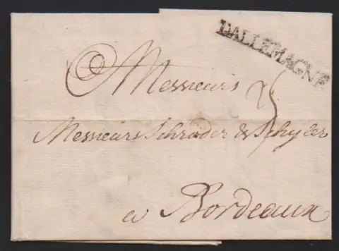 "Lübeck", 1746, gevouwen brief met transit L1 "D'ALLEMAGNE" naar Bordeaux, evenals brief 1757 via Braunschweig naar Halle