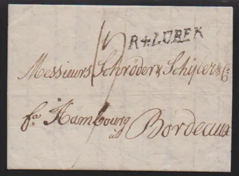 "Lübeck", 1750/1803, twee brieven naar Bordeaux, met L1 "D'ALLEMAGNE" resp. "R.4. LUBEK"
