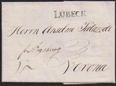 "Lübeck", 1801, L1 op buitenlandse brief (bijgevoegd zijden draad monster) "fr. Augsburg" naar Verona
