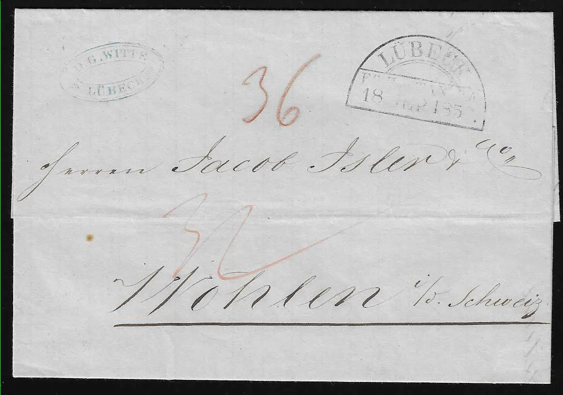 "Lübeck", 1850, HK van het Thurn en Taxis postkantoor op buitenlandse brief naar Wohlen/Zwitserland, taxen "32" en "36"
