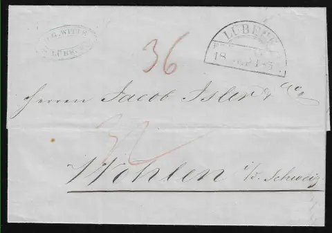 "Lübeck", 1850, HK van het Thurn en Taxis postkantoor op buitenlandse brief naar Wohlen/Zwitserland, taxen "32" en "36"